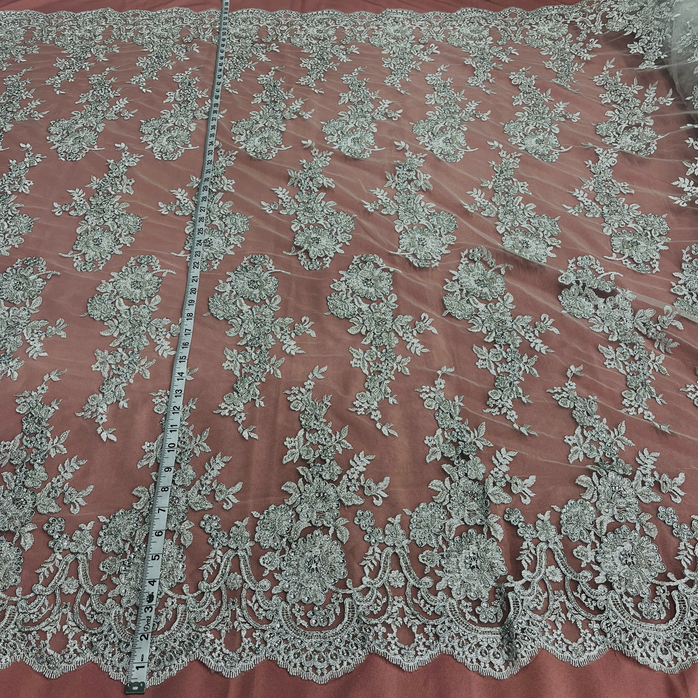 Beaded & Corded Bridal Lace Fabric Embroidered on 100% Polyester Net Mesh | Lace USA