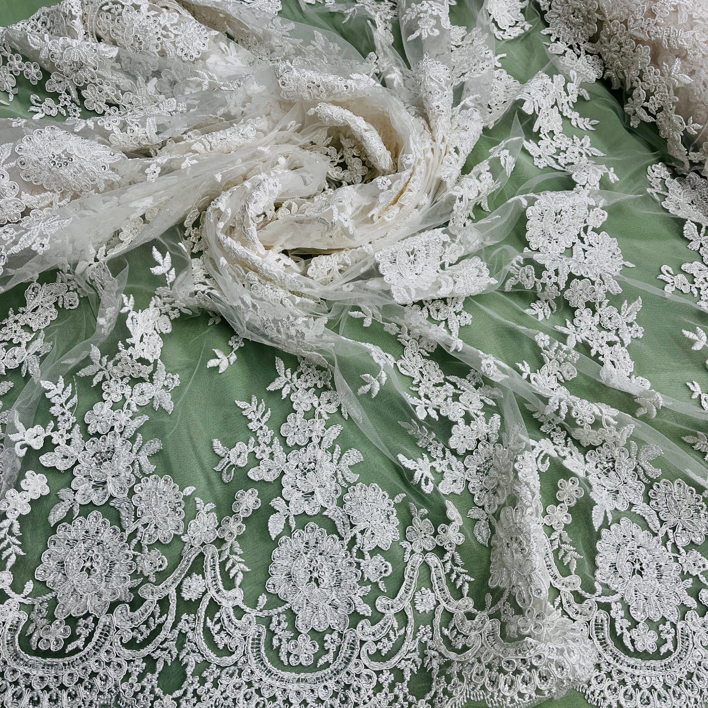 Beaded & Corded Bridal Lace Fabric Embroidered on 100% Polyester Net Mesh | Lace USA