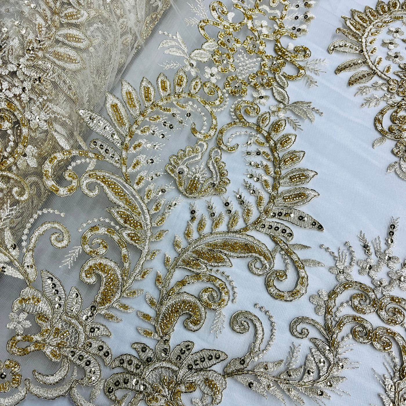 Beaded & Corded Bridal Lace Fabric Embroidered on 100% Polyester Net Mesh | Lace USA - 97160W-HB Gold