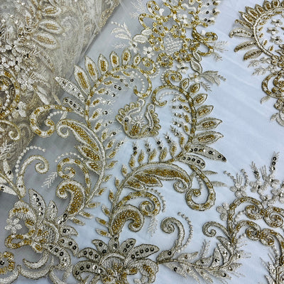 Beaded & Corded Bridal Lace Fabric Embroidered on 100% Polyester Net Mesh | Lace USA - 97160W-HB Gold