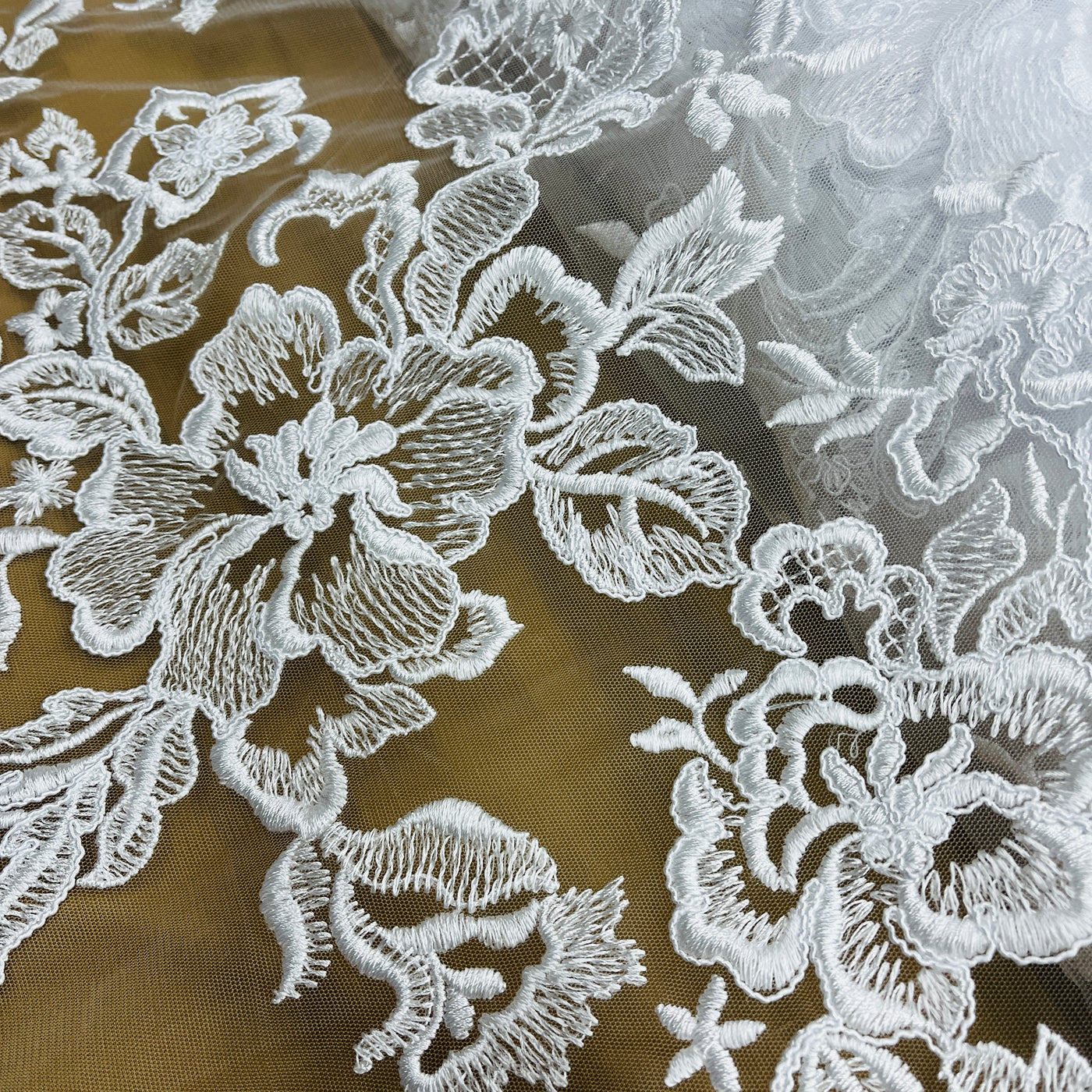 Corded Bridal Lace Fabric Embroidered on 100% Polyester Net Mesh | Lace USA