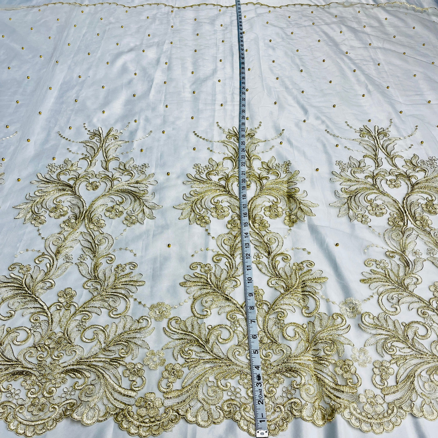 Beaded & Corded Bridal Lace Fabric Embroidered on 100% Polyester Net Mesh | Lace USA