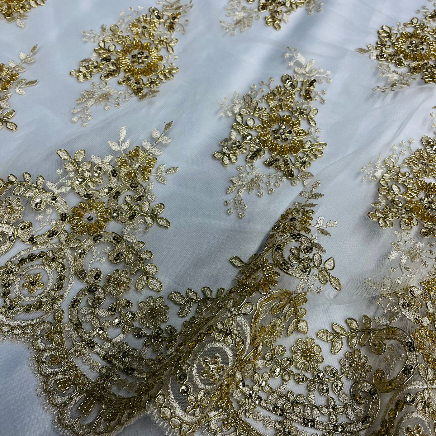 Beaded & Corded Lace Fabric Embroidered on 100% Polyester Net Mesh | Lace USA