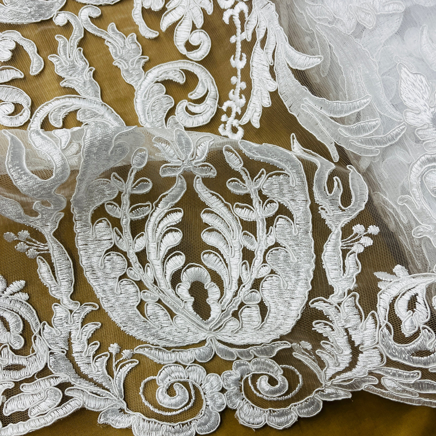 Corded Bridal Lace Fabric Embroidered on 100% Polyester Net Mesh | Lace USA