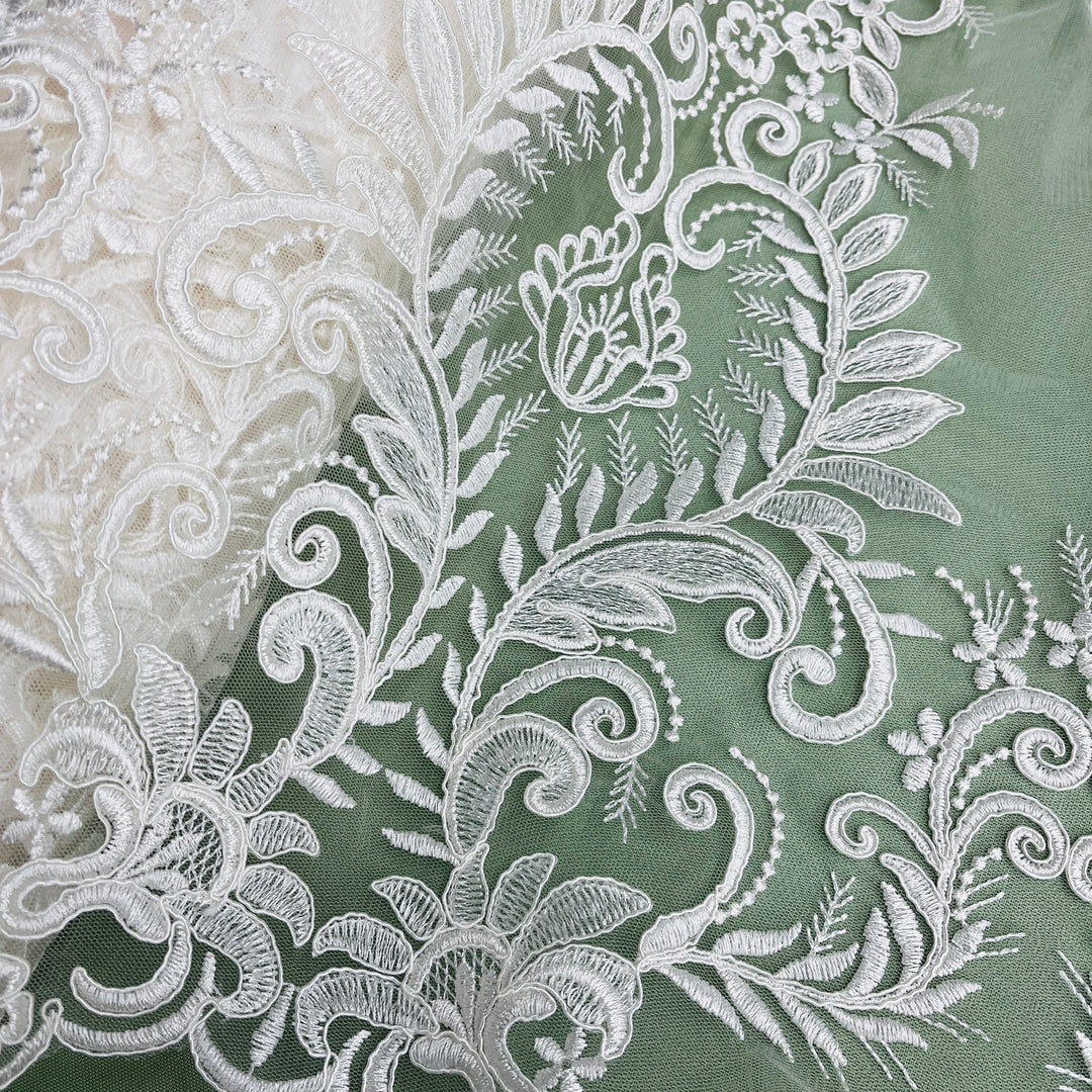 Corded Bridal Lace Fabric Embroidered on 100% Polyester Net Mesh | Lace USA