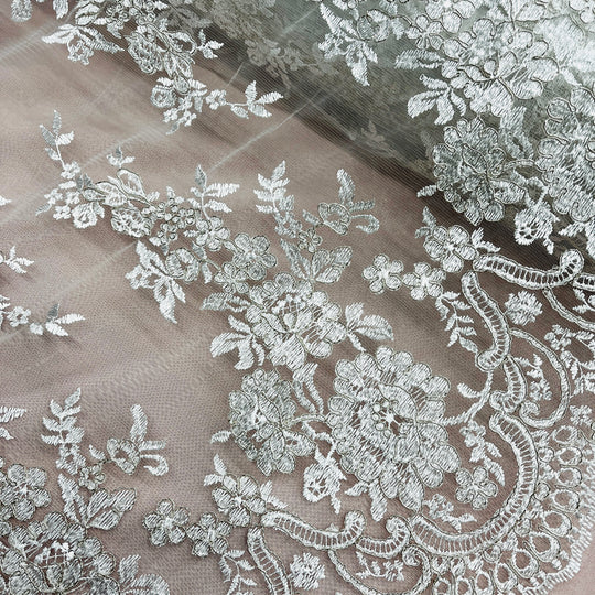 Corded Bridal Lace Fabric Embroidered on 100% Polyester Net Mesh | Lace USA