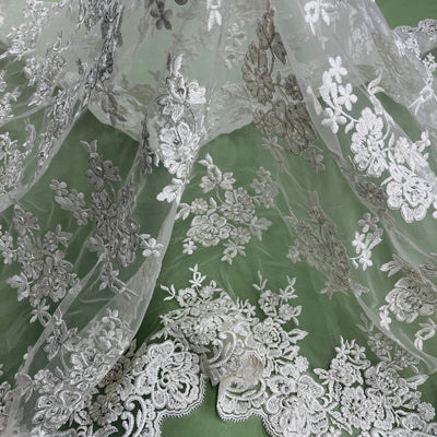 Beaded & Corded Bridal Lace Fabric Embroidered on 100% Polyester Net Mesh | Lace USA