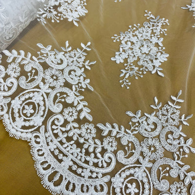 Corded Bridal Lace Fabric Embroidered on 100% Polyester Net Mesh | Lace USA