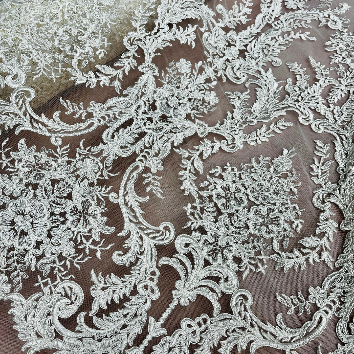 Corded Bridal Lace Fabric Embroidered on 100% Polyester Net Mesh | Lace USA