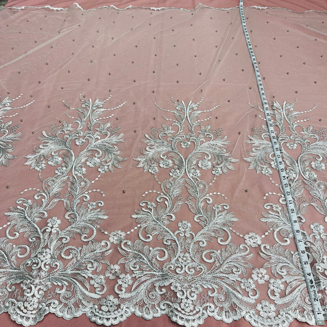 Beaded & Corded Bridal Lace Fabric Embroidered on 100% Polyester Net Mesh | Lace USA