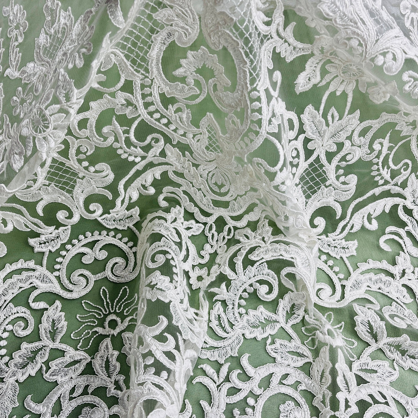 Corded Bridal Lace Fabric Embroidered on 100% Polyester Net Mesh | Lace USA