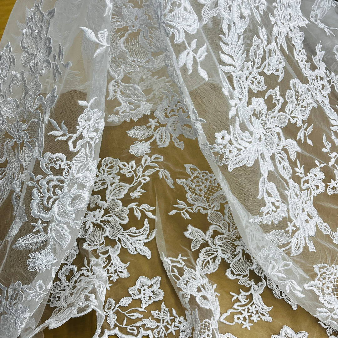 Corded Bridal Lace Fabric Embroidered on 100% Polyester Net Mesh | Lace USA