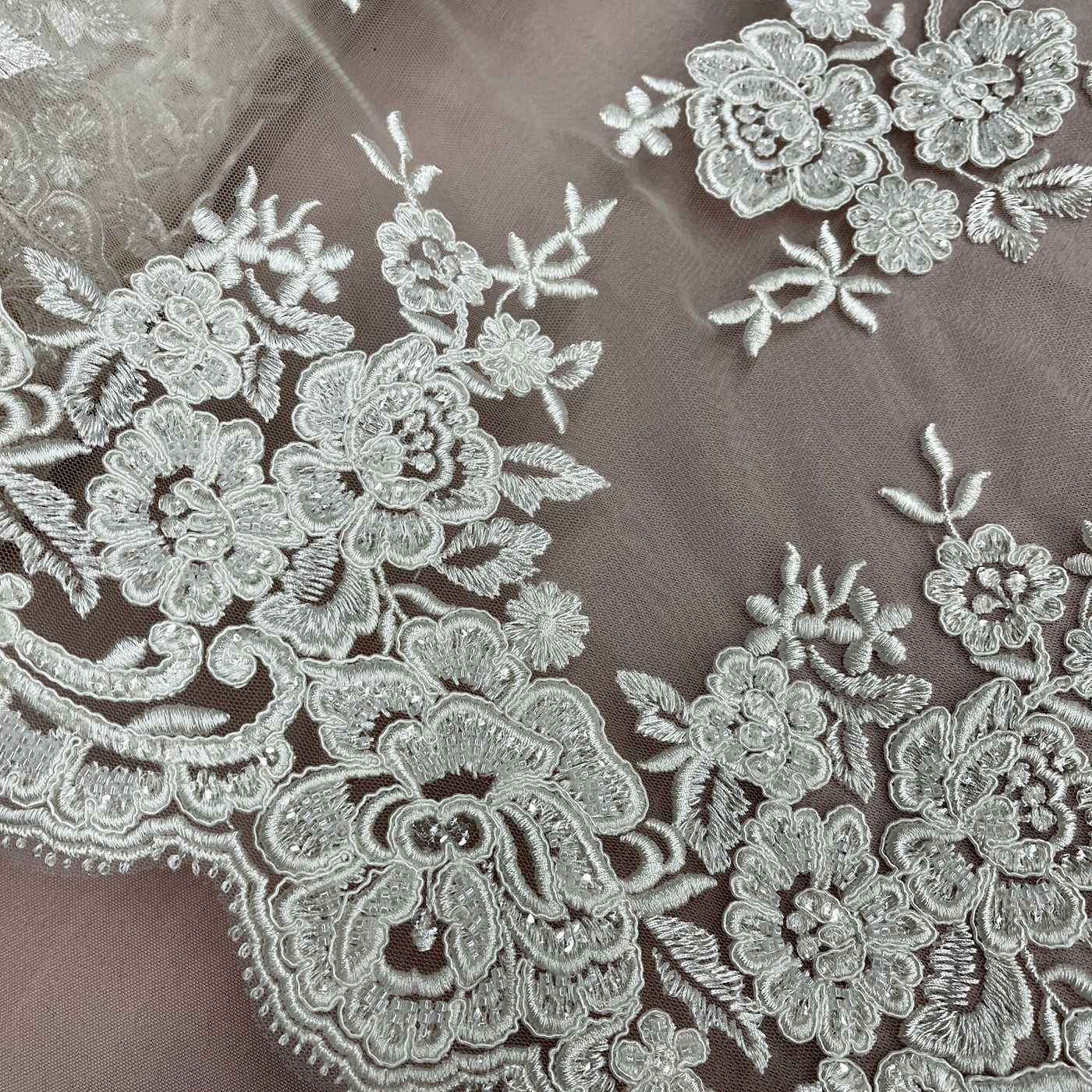 Beaded & Corded Bridal Lace Fabric Embroidered on 100% Polyester Net Mesh | Lace USA