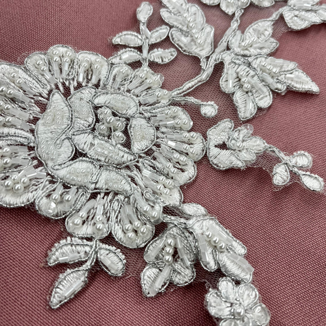 Beaded & Corded Floral Applique Lace Embroidered on 100% Polyester. Lace Usa