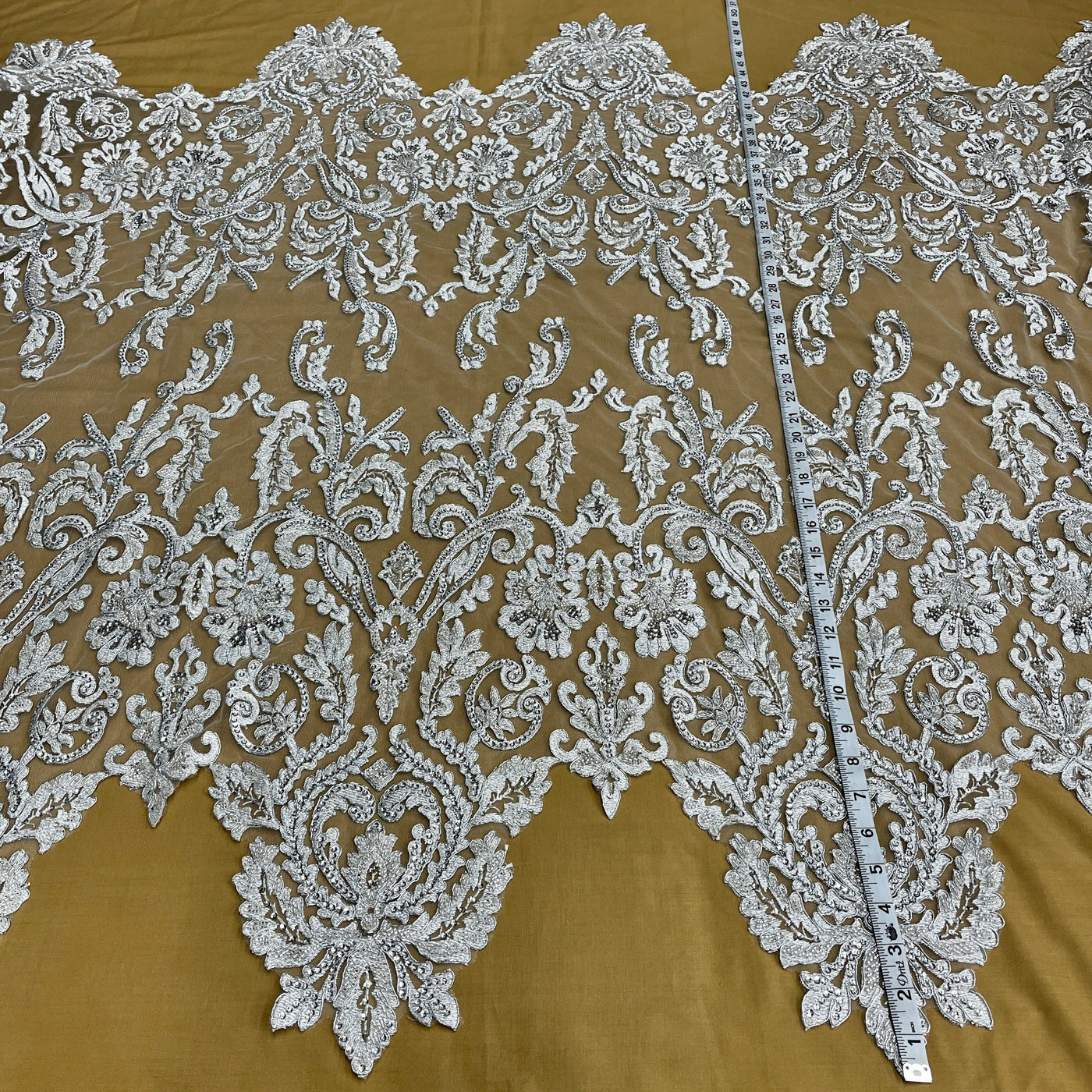 Beaded & Corded Bridal Lace Fabric Embroidered on 100% Polyester Net Mesh | Lace USA