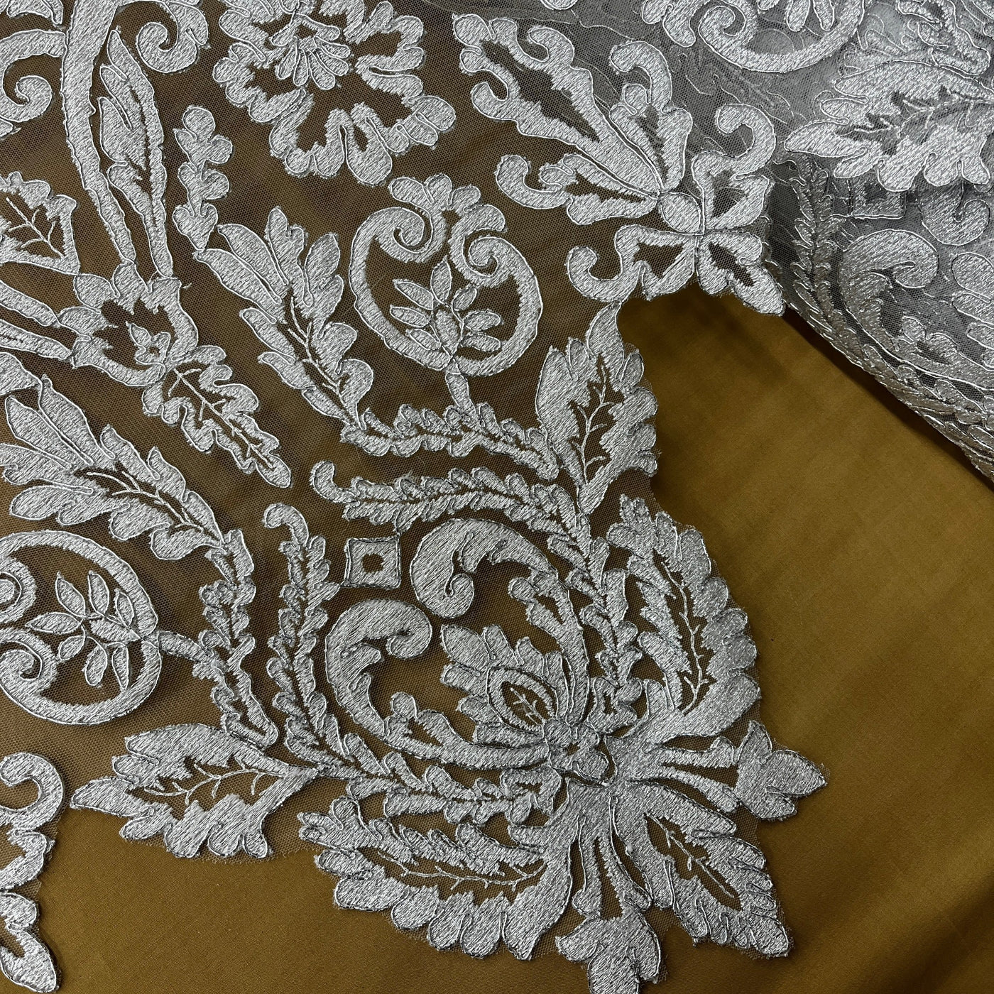 Corded Bridal Lace Fabric Embroidered on 100% Polyester Net Mesh | Lace USA