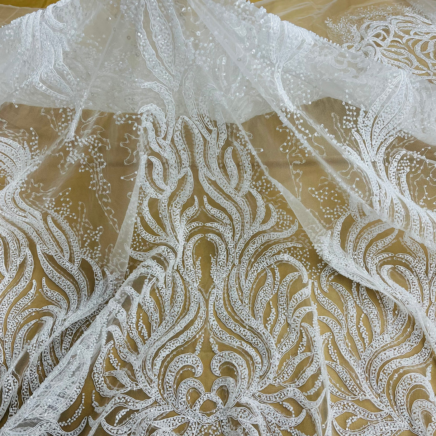 Beaded & Corded Bridal Lace Fabric Embroidered on 100% Polyester Net Mesh | Lace USA