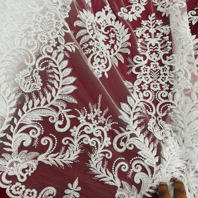 Beaded & Corded Bridal Lace Fabric Embroidered on 100% Polyester Net Mesh | Lace USA - 97160W-HB White