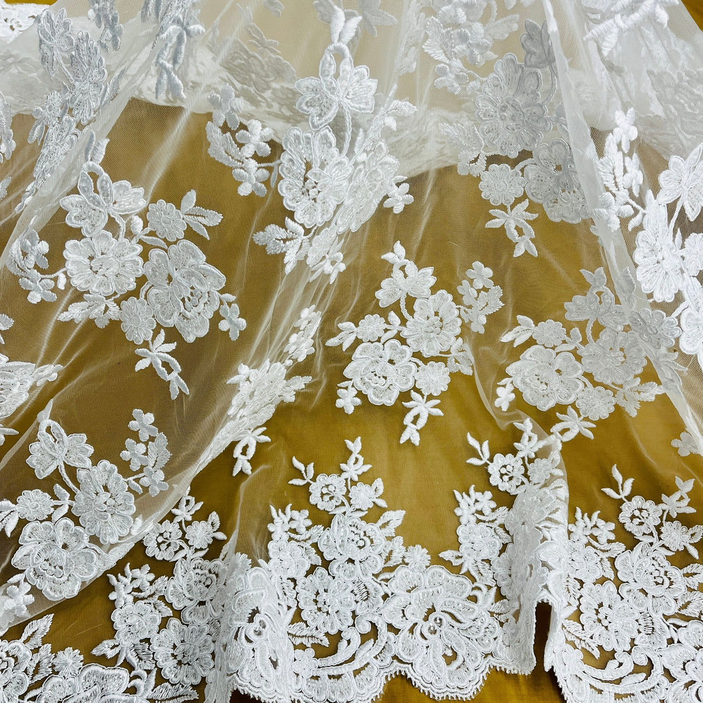 Beaded & Corded Bridal Lace Fabric Embroidered on 100% Polyester Net Mesh | Lace USA