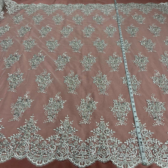 Beaded & Corded Lace Fabric Embroidered on 100% Polyester Net Mesh | Lace USA