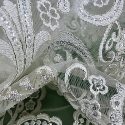 Beaded & Corded Bridal Lace Fabric Embroidered on 100% Polyester Net Mesh | Lace USA - 97068W-SB Ivory with Silver