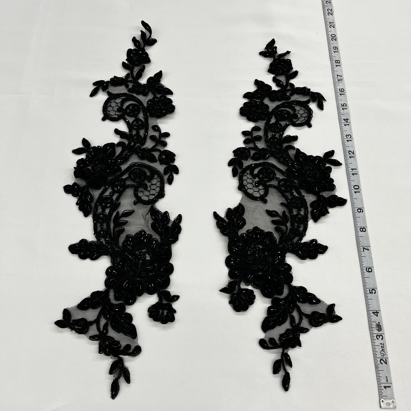 Beaded & Corded Floral Appliqué Lace Embroidered on 100% Polyester Organza or Net Mesh. This can be applied to Theatrical dance ballroom costumes, bridal dresses, bridal headbands endless possibilities. Sold By Pair Lace Usa