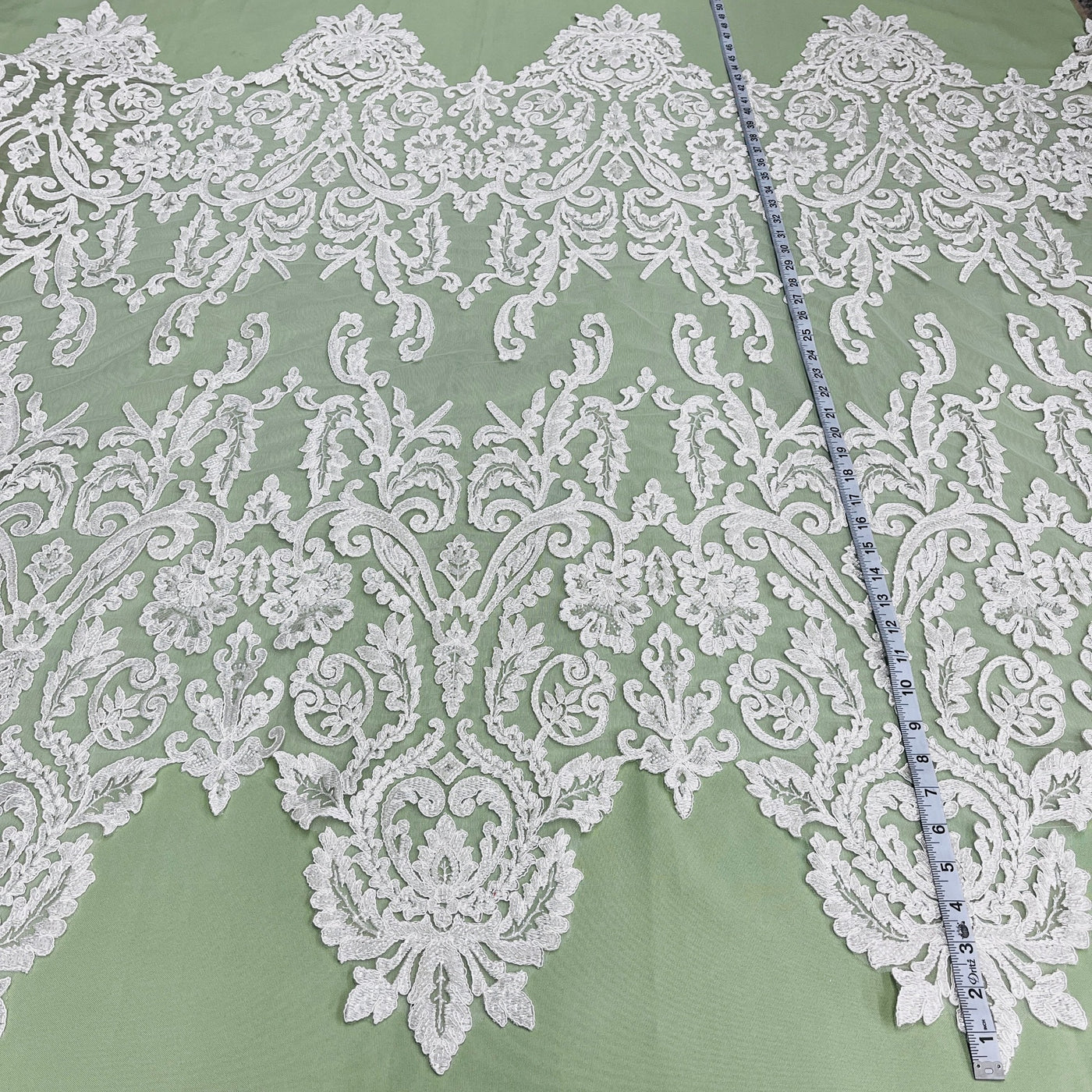 Beaded & Corded Bridal Lace Fabric Embroidered on 100% Polyester Net Mesh | Lace USA