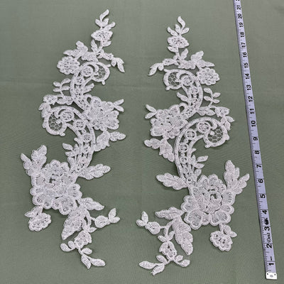 Beaded & Corded Floral Appliqué Lace Embroidered on 100% Polyester Organza or Net Mesh. This can be applied to Theatrical dance ballroom costumes, bridal dresses, bridal headbands endless possibilities. Sold By Pair Lace Usa