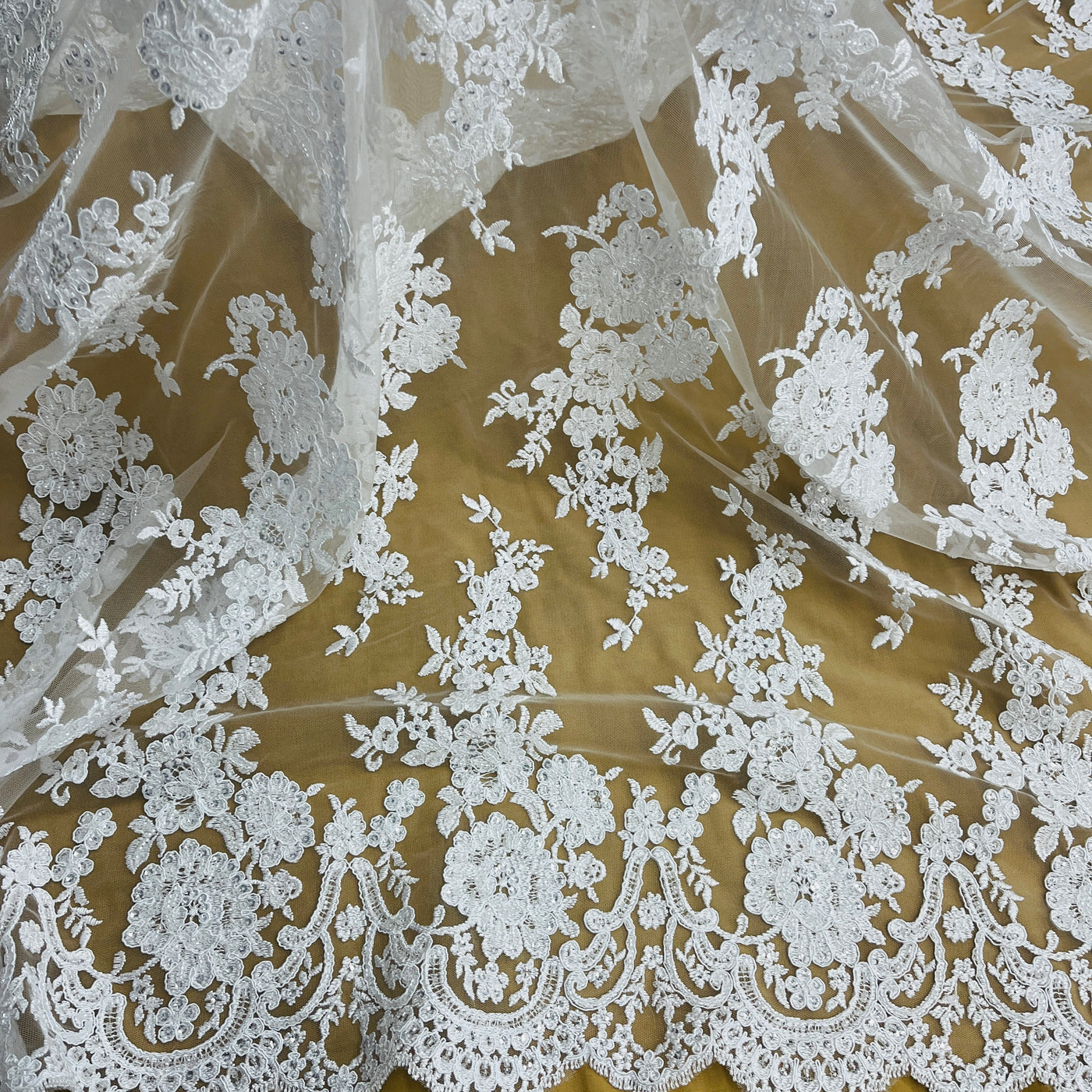 Beaded & Corded Bridal Lace Fabric Embroidered on 100% Polyester Net Mesh | Lace USA