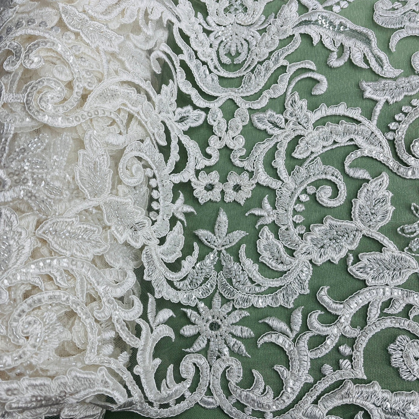 Beaded & Corded Bridal Lace Fabric Embroidered on 100% Polyester Net Mesh | Lace USA - 96997W-HB