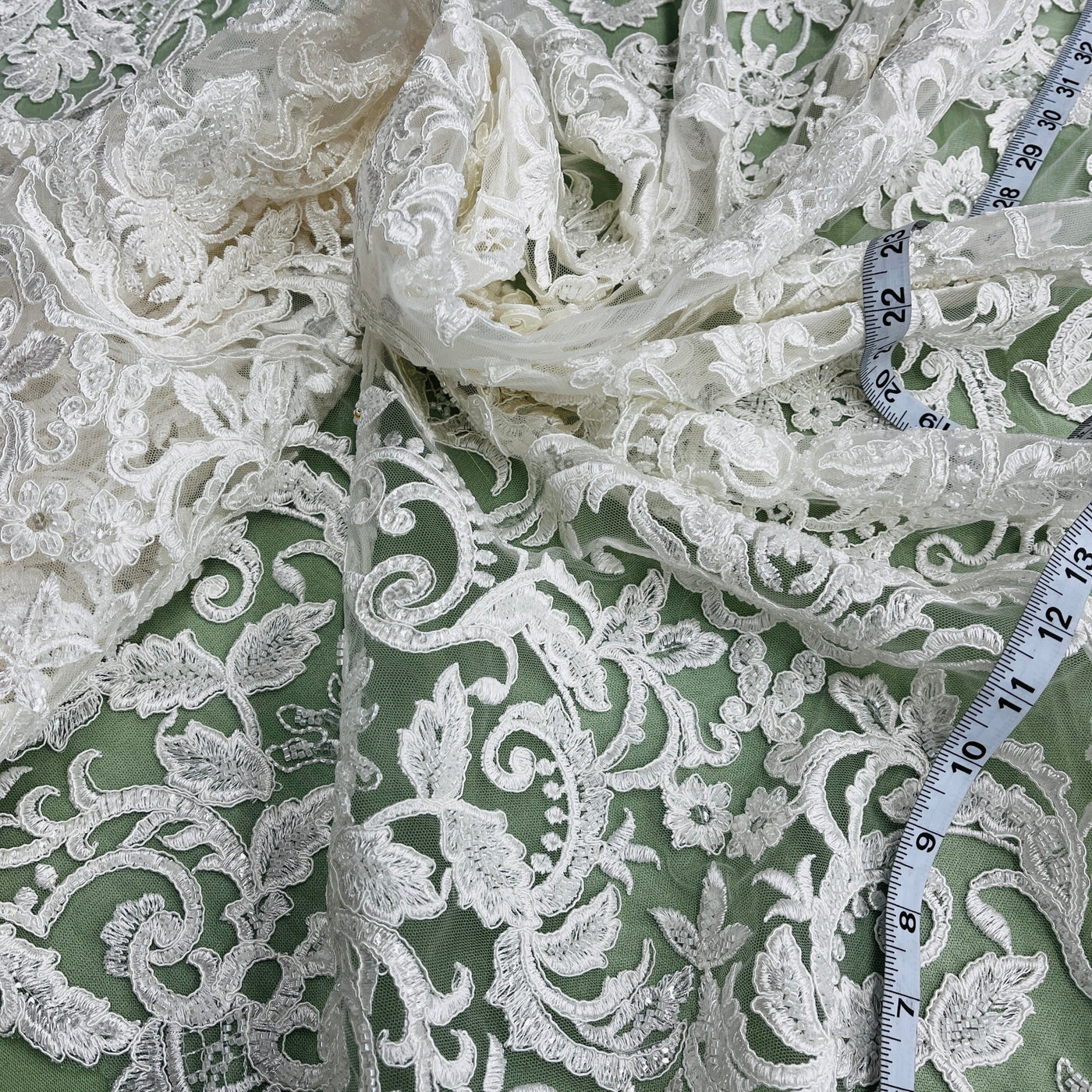 Beaded & Corded Bridal Lace Fabric Embroidered on 100% Polyester Net Mesh | Lace USA - 96997W-HB