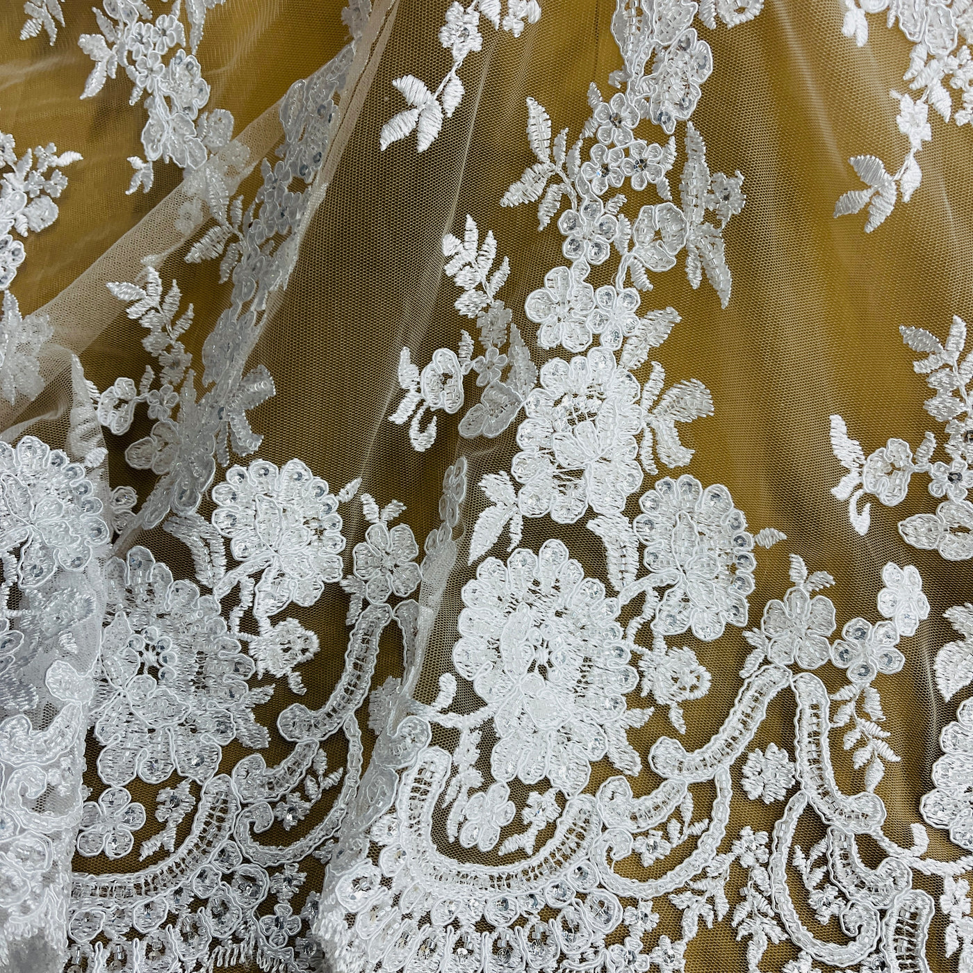 Beaded & Corded Bridal Lace Fabric Embroidered on 100% Polyester Net Mesh | Lace USA