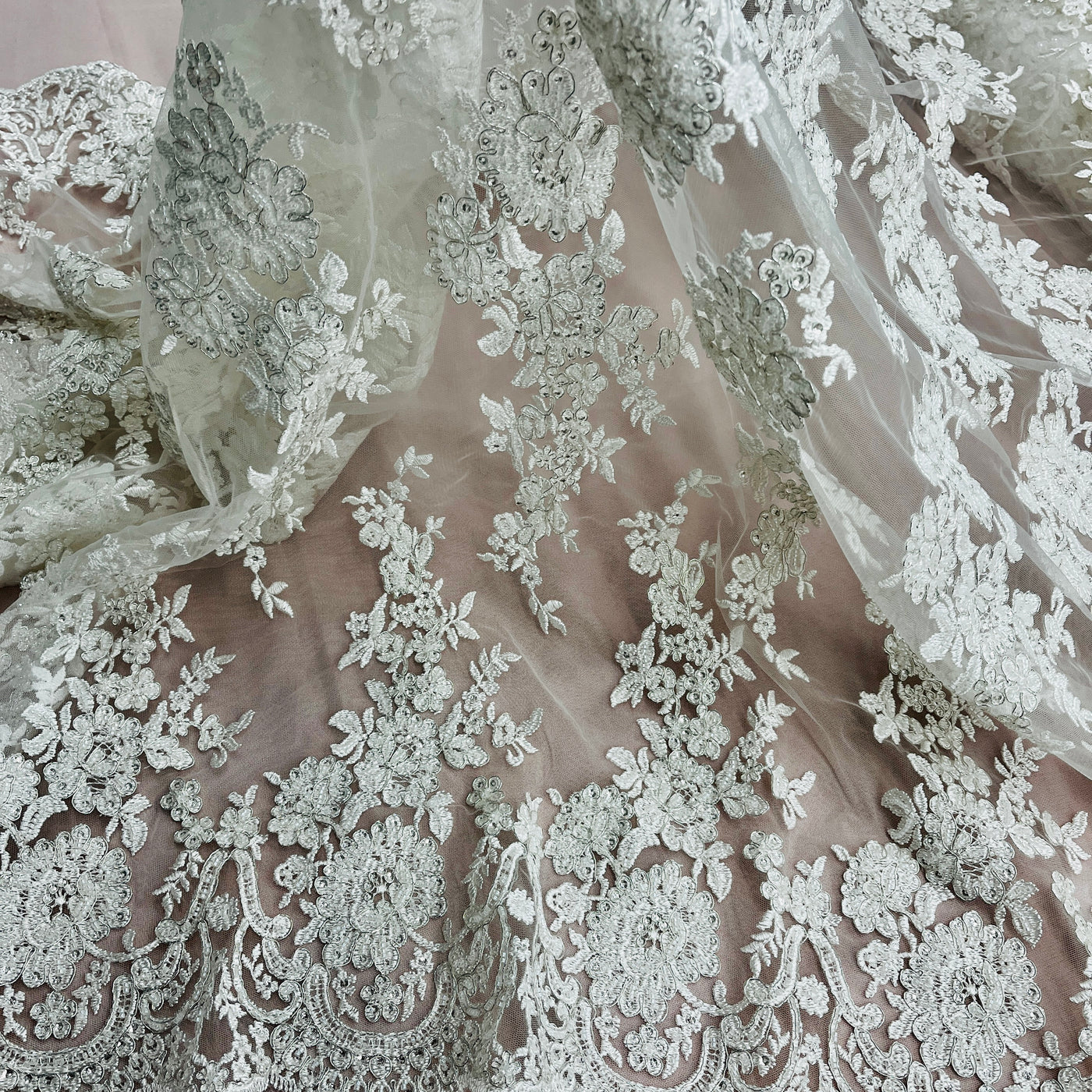 Beaded & Corded Bridal Lace Fabric Embroidered on 100% Polyester Net Mesh | Lace USA