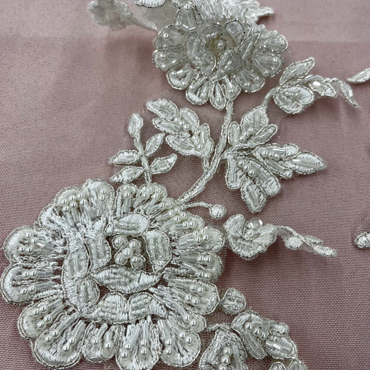 Beaded & Corded Floral Applique Lace Embroidered on 100% Polyester. Lace Usa