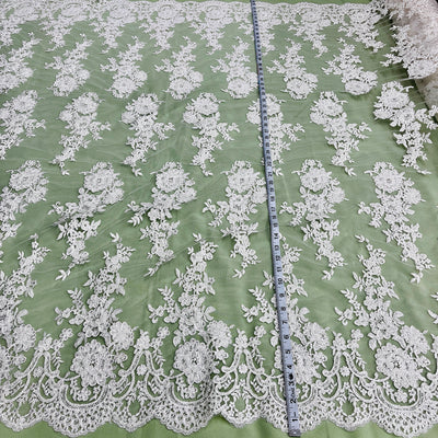 Beaded & Corded Bridal Lace Fabric Embroidered on 100% Polyester Net Mesh | Lace USA