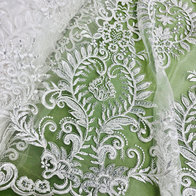 Beaded & Corded Bridal Lace Fabric Embroidered on 100% Polyester Net Mesh | Lace USA - 97160W-HB Ivory