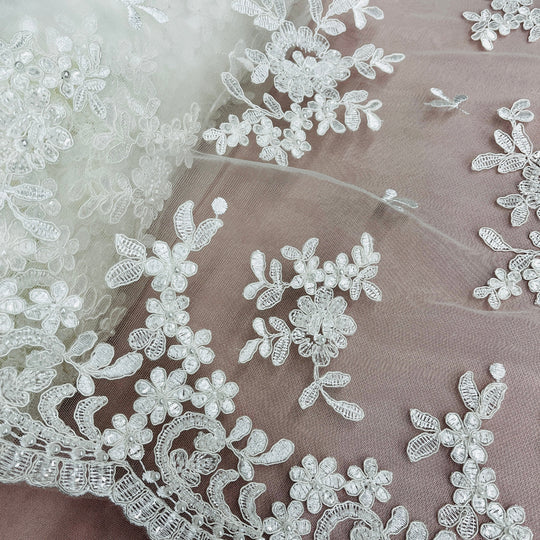 Beaded & Corded Bridal Lace Fabric Embroidered on 100% Polyester Net Mesh | Lace USA - 91436W-HB