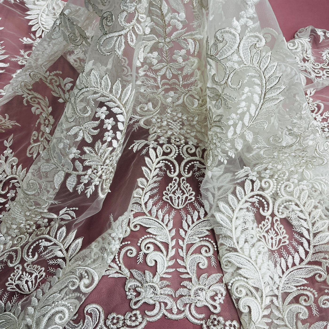 Corded Bridal Lace Fabric Embroidered on 100% Polyester Net Mesh | Lace USA