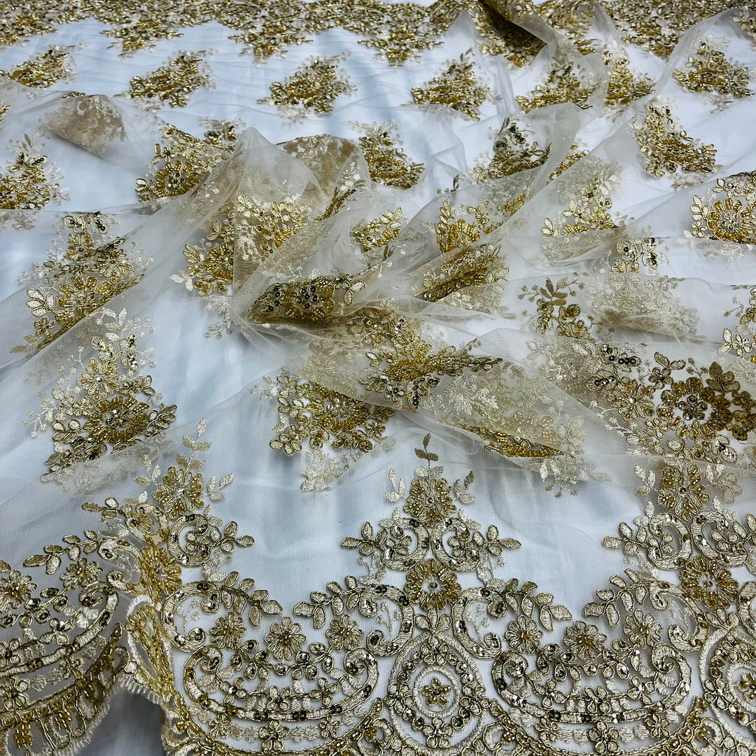 Beaded & Corded Lace Fabric Embroidered on 100% Polyester Net Mesh | Lace USA