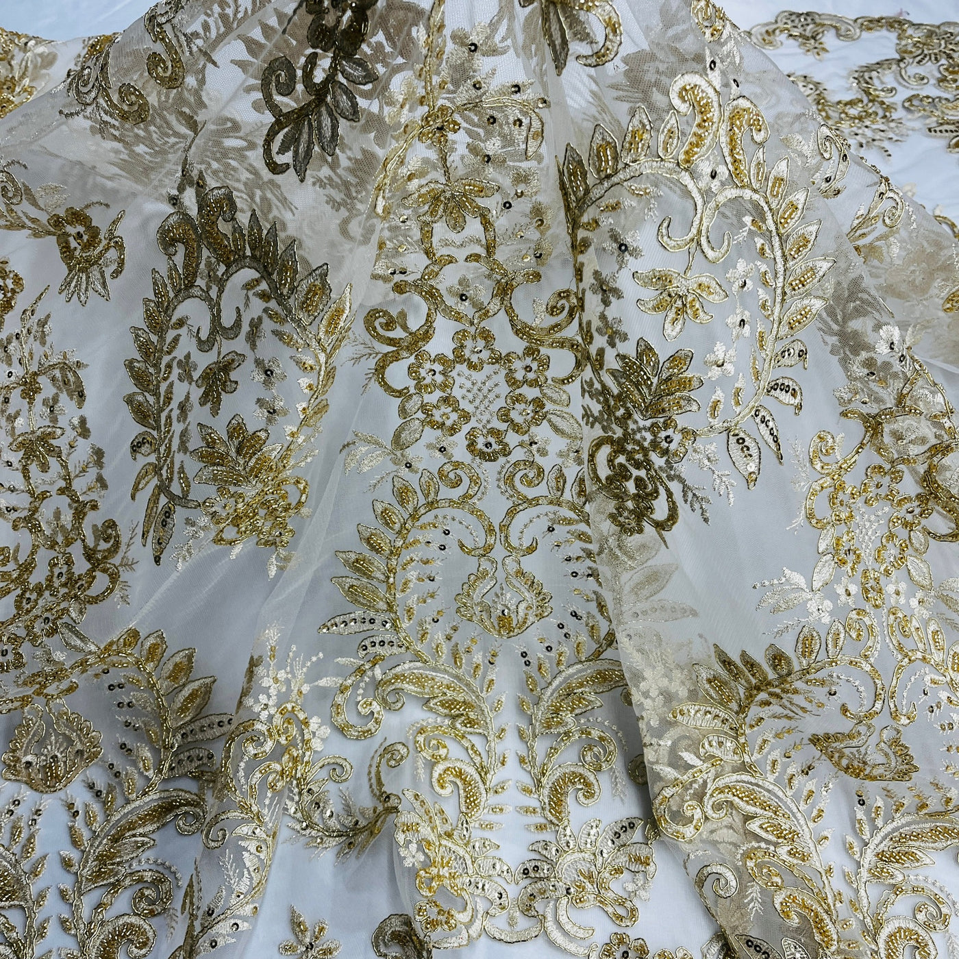 Beaded & Corded Bridal Lace Fabric Embroidered on 100% Polyester Net Mesh | Lace USA - 97160W-HB Gold