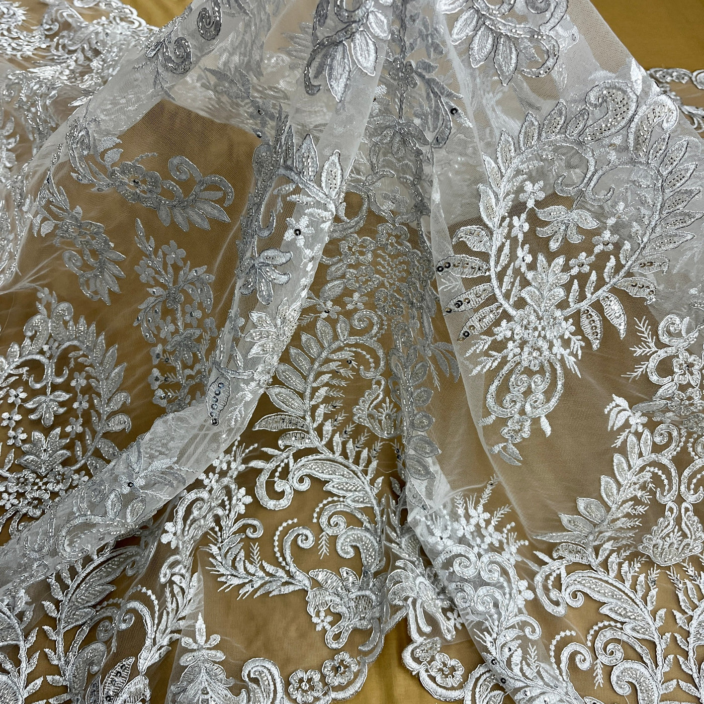 Beaded & Corded Bridal Lace Fabric Embroidered on 100% Polyester Net Mesh | Lace USA - 97160W-HB Silver