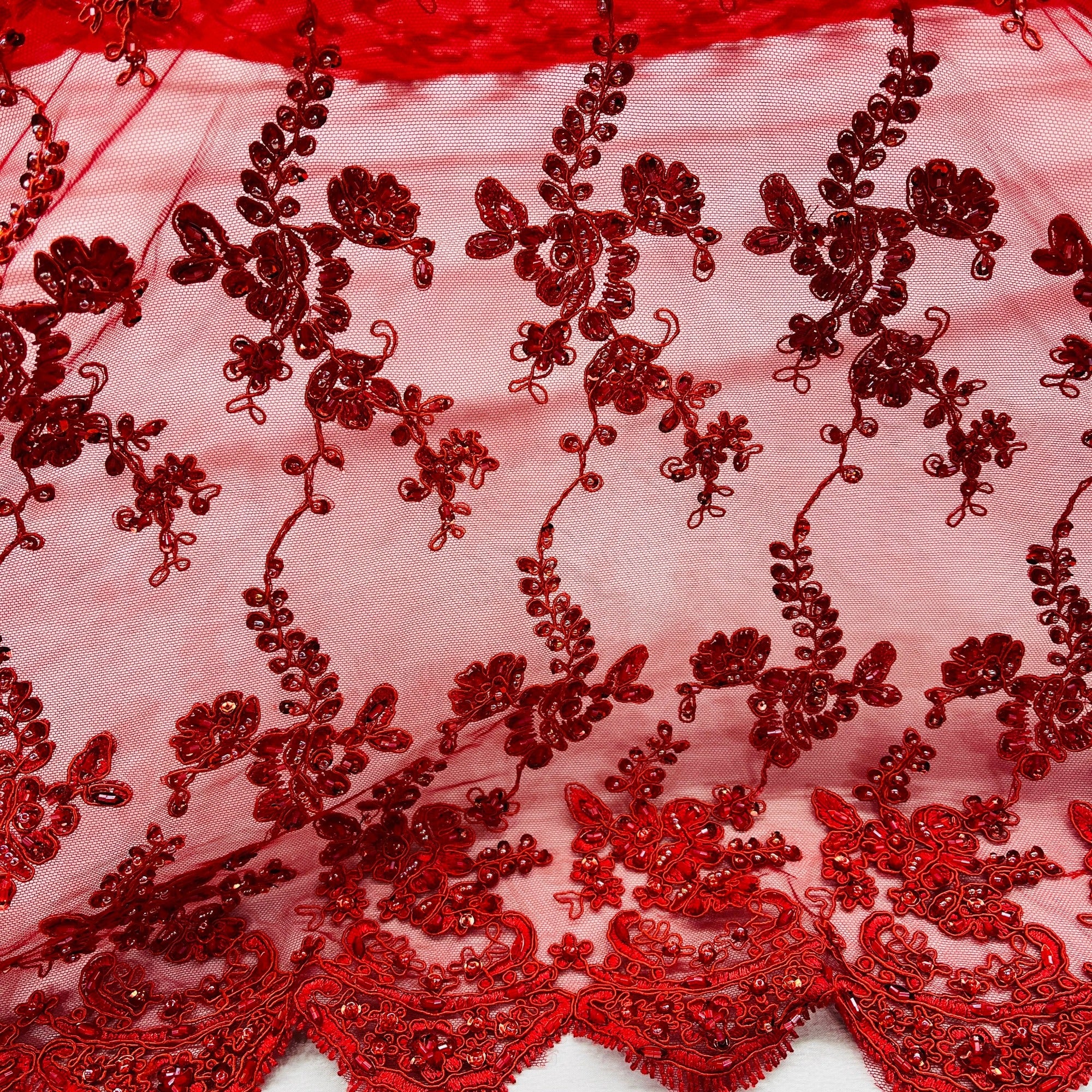 Beaded & Corded Lace Fabric Embroidered on 100% Polyester Net Mesh | Lace USA - GD-1819 Red