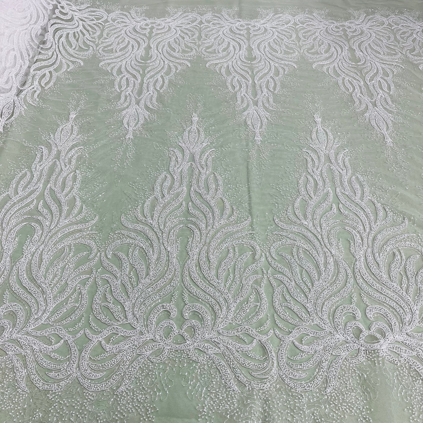 Beaded & Corded Bridal Lace Fabric Embroidered on 100% Polyester Net Mesh | Lace USA