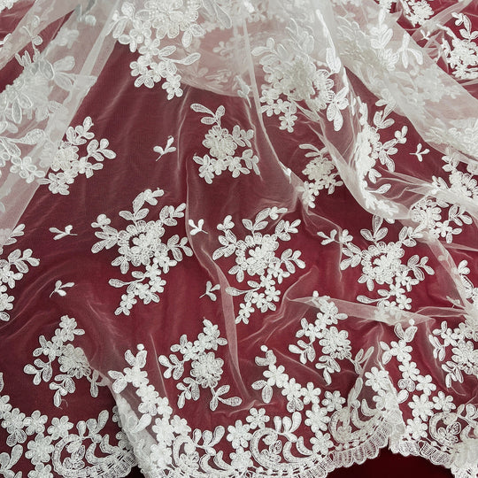 Beaded & Corded Bridal Lace Fabric Embroidered on 100% Polyester Net Mesh | Lace USA - 91436W-HB