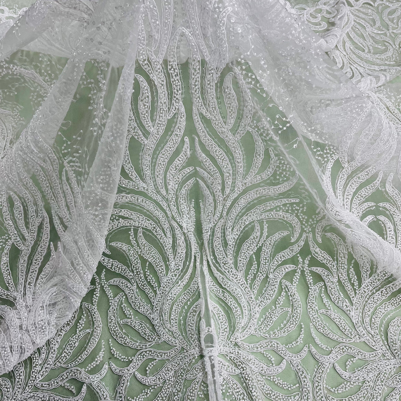 Beaded & Corded Bridal Lace Fabric Embroidered on 100% Polyester Net Mesh | Lace USA