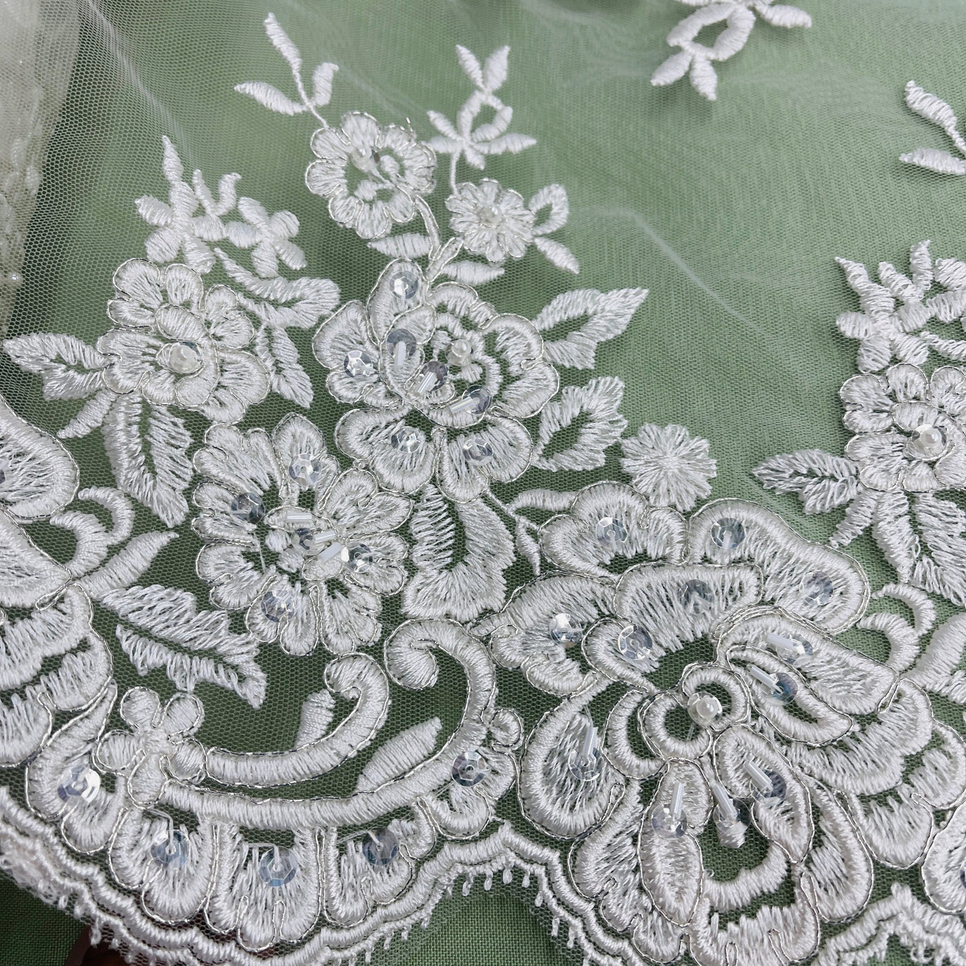 Beaded & Corded Bridal Lace Fabric Embroidered on 100% Polyester Net Mesh | Lace USA