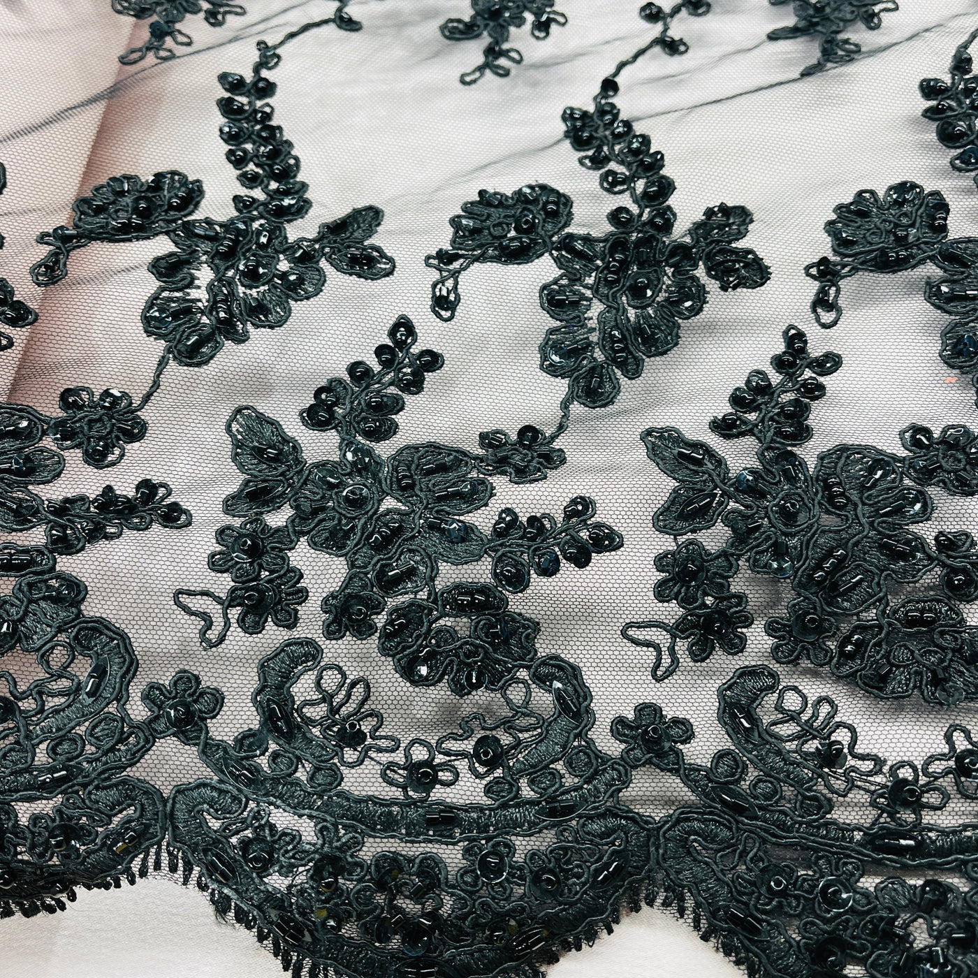 Beaded & Corded Lace Fabric Embroidered on 100% Polyester Net Mesh | Lace USA - GD-1819 Black