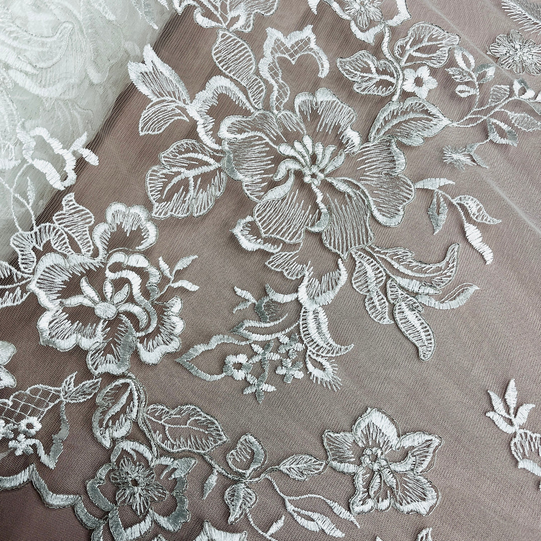 Corded Bridal Lace Fabric Embroidered on 100% Polyester Net Mesh | Lace USA