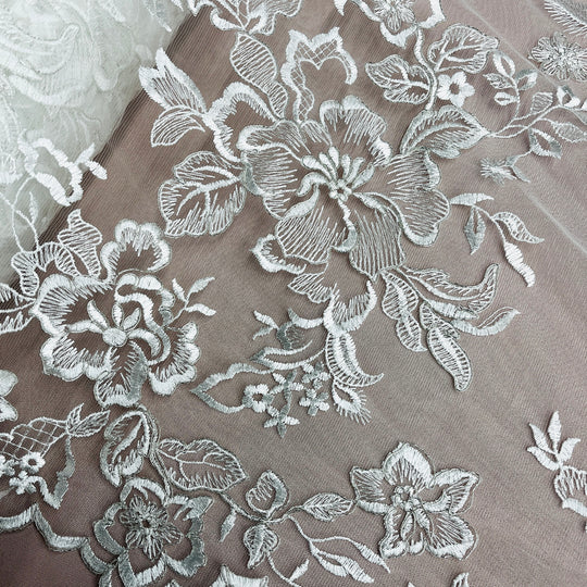 Corded Bridal Lace Fabric Embroidered on 100% Polyester Net Mesh | Lace USA