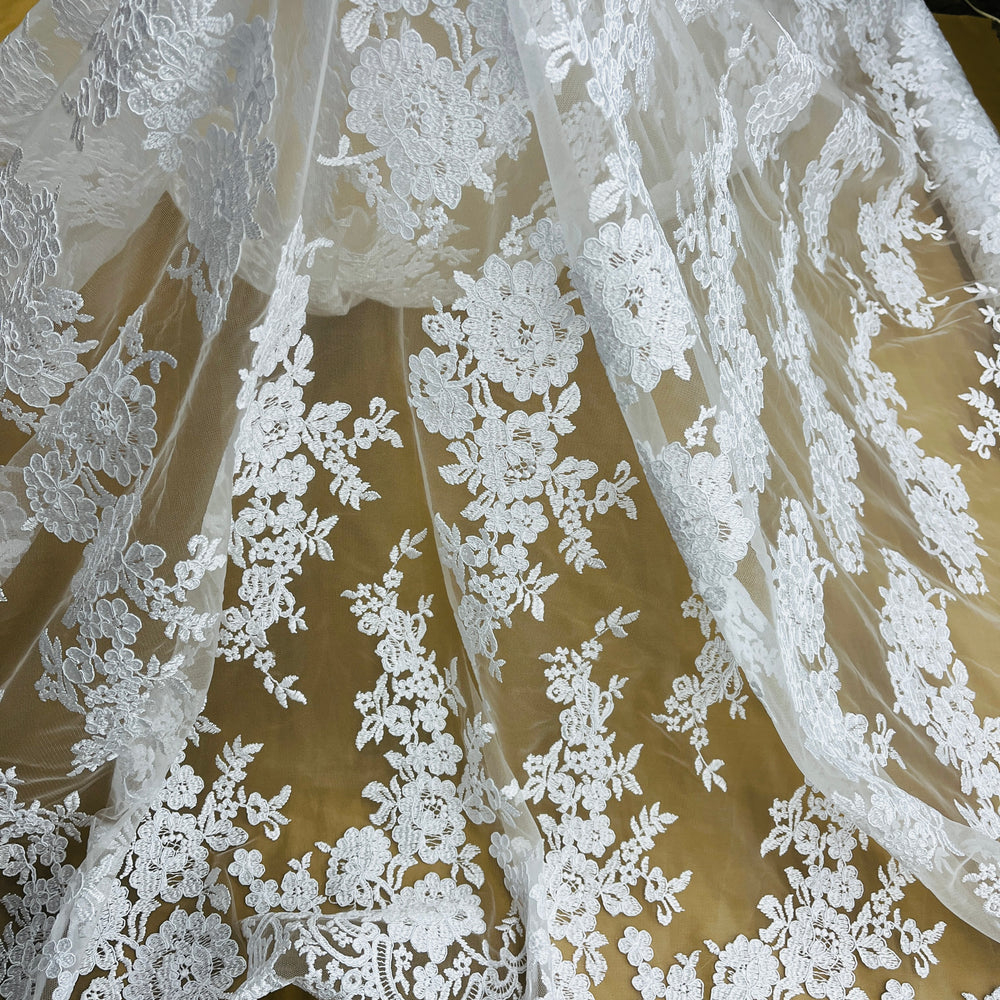 Corded Bridal Lace Fabric Embroidered on 100% Polyester Net Mesh | Lace USA